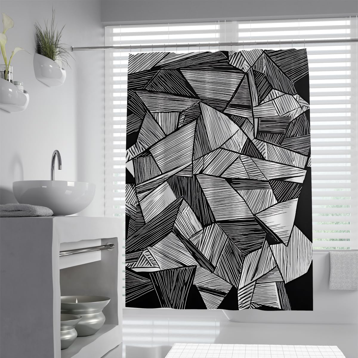UIRINGART Geometric Shattered Shards Shower Curtain W150xL180cm Modern Abstract Geometric Polygonal Lines Mildew Resistant Easy Clean Apartment Essentials Bath Screen With Hook