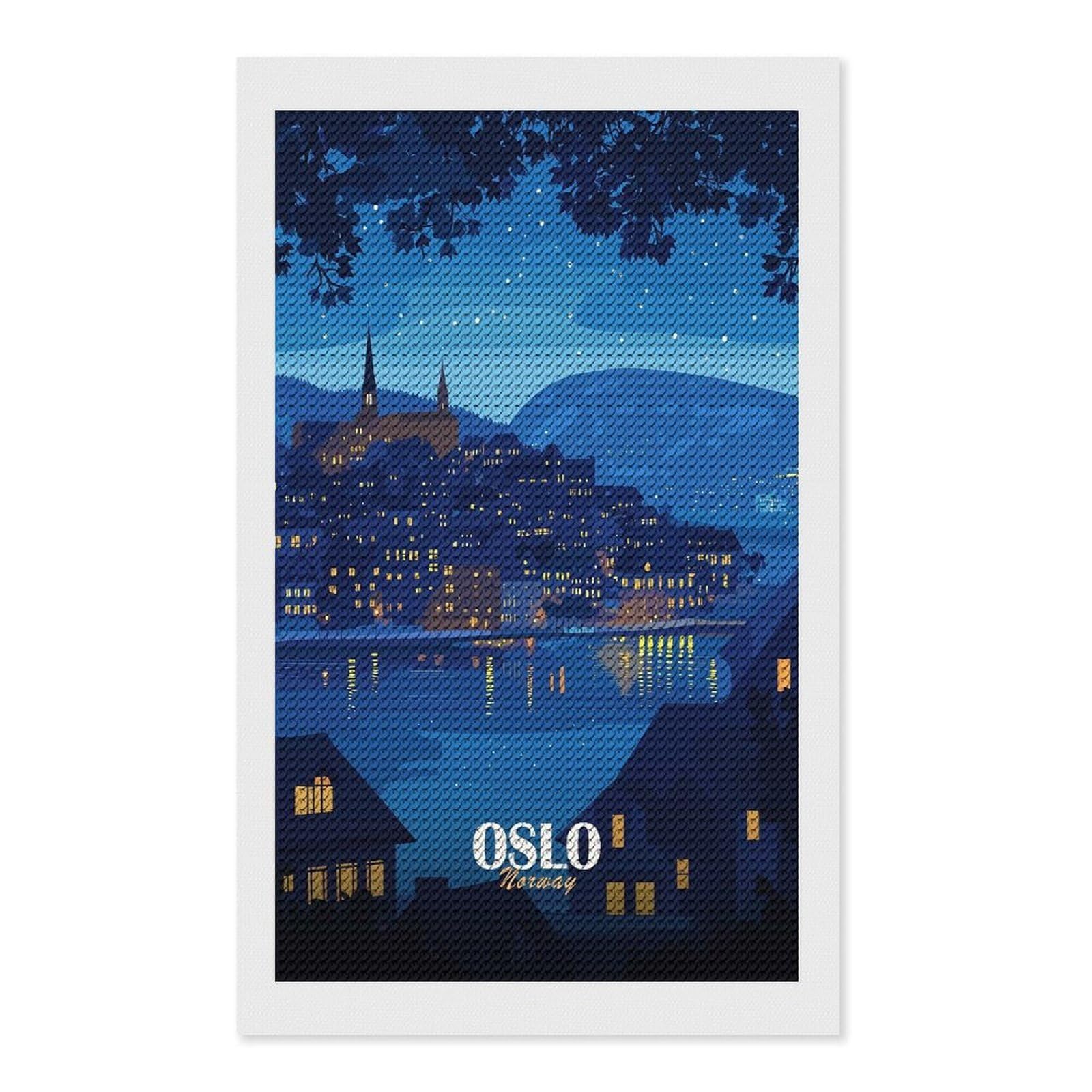 Junmoney Oslo, Norway Night Cityscape Illustration Diamond Painting Kit 12"x20", Easy Handmade Project, Cosy Home Accent, for Craft Lovers, Holiday Gift Idea