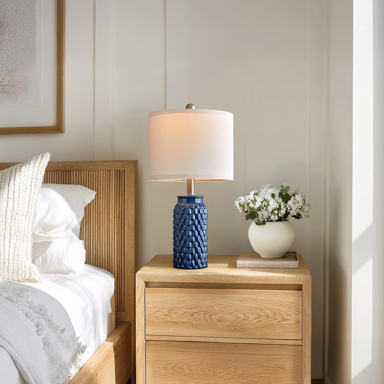 20.5" Small Bedside Lamps Set of 2 with 5FT Cord, Blue Ceramic Modern Farmhouse Table Lamps for Nightstand, Living Room, Bedroom, 3D Honeycomb Stylish End Table Lamps(Bulb Not Included)