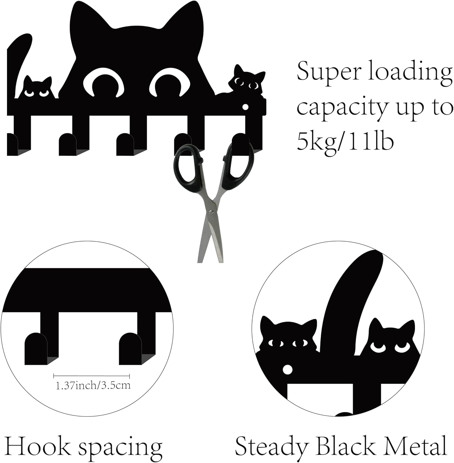 CREATCABIN Black Cat Key Holder for Wall Mounted Key Hook Metal Key Hanger Holder with 6 Hooks Metal Key Hanging Organizer Rack Wall Decor Hook for Entryway Front Door Hallway Office 10.6x5Inch