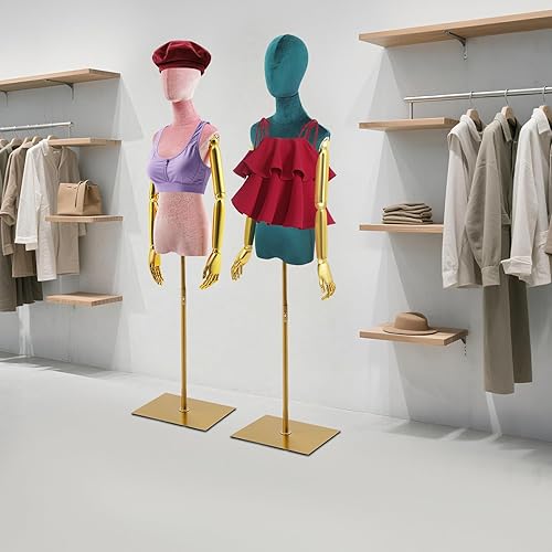 Miniatura 5 de Torso de maniquí femenino con cabeza y brazos, altura ajustable de 59 a 79 pulgadas, forma de vestido de terciopelo galvanizado rosa en base de