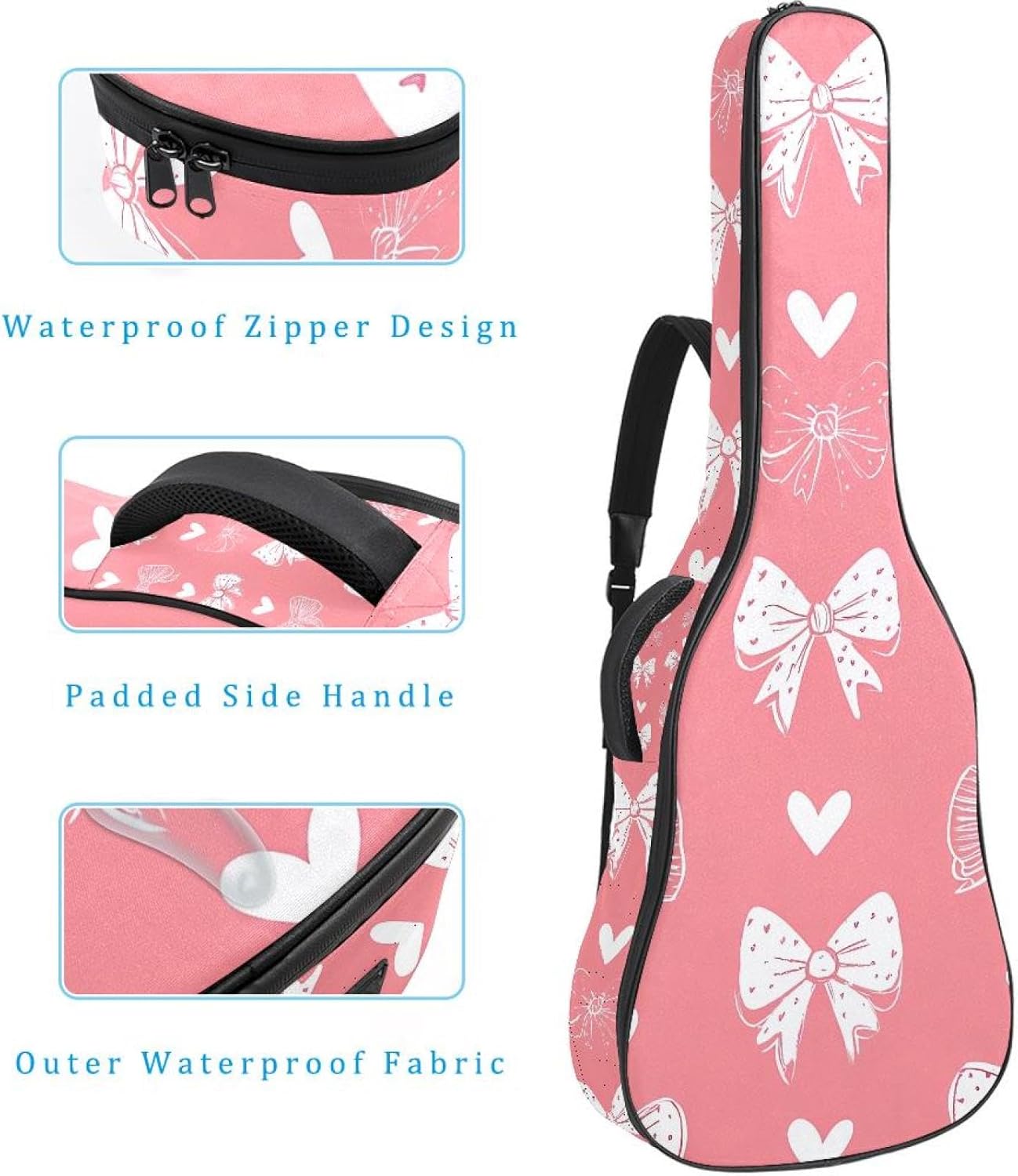 Acoustic Guitar Gig Bag 10mm Thick Padding, Soft Waterproof Guitar Case with Adjustable Backpack Straps for 40-42 Inch Guitar, Cute Seamless Bows with Hearts