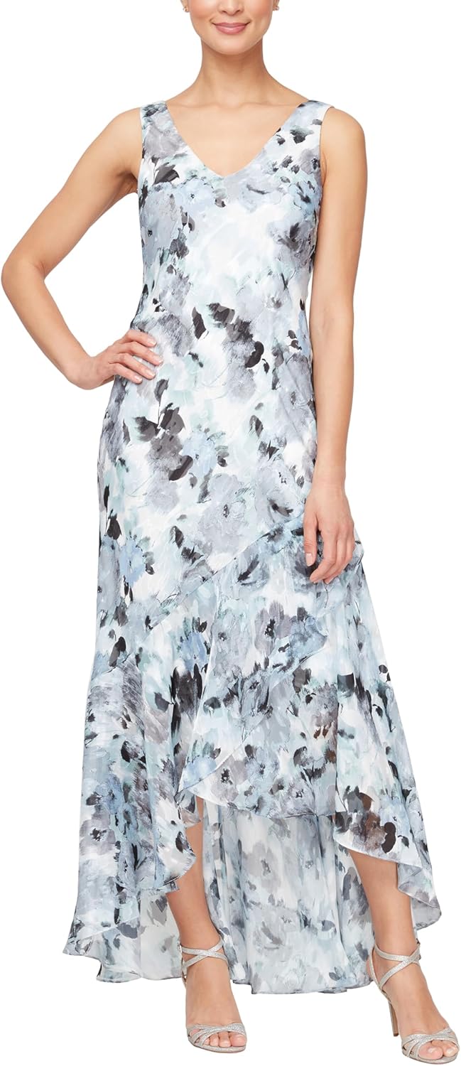 Alex Evenings Womens Sleeveless Printed Chiffon Midi Spring/Summer Mother of The Bride Dress with Jacket & High-Low Hemline - Image 3
