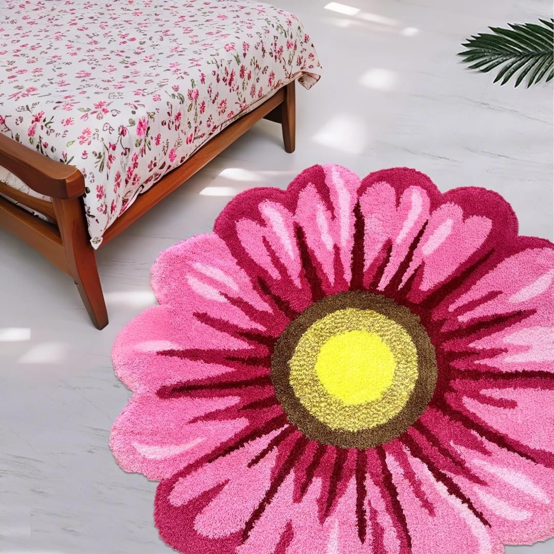 Lacomfy Floral Rug 3Ft Boho Round Daisy Flower Carpet for Girls Bedroom Bathroom Farmhouse Living Room Circle Toilet Bath Mat Welcome Doormat, Thick,