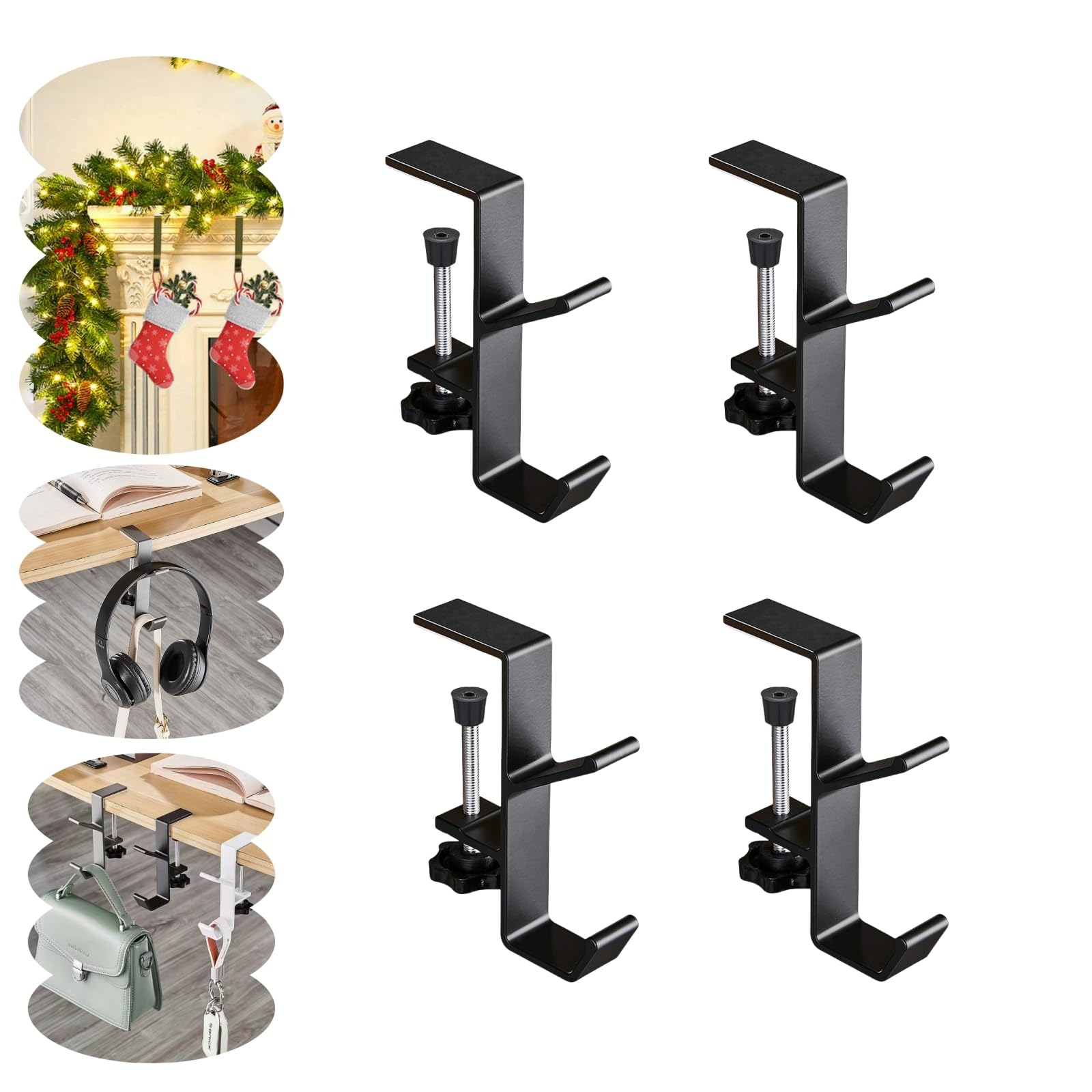 Arsey Mantel Heavy Duty Garland Hanger - 2-in-1 Garland and Stocking Holder for Mantle, Fireplace, and Front Door – Essential Christmas & Xmas Decoration (Black, 4pcs)