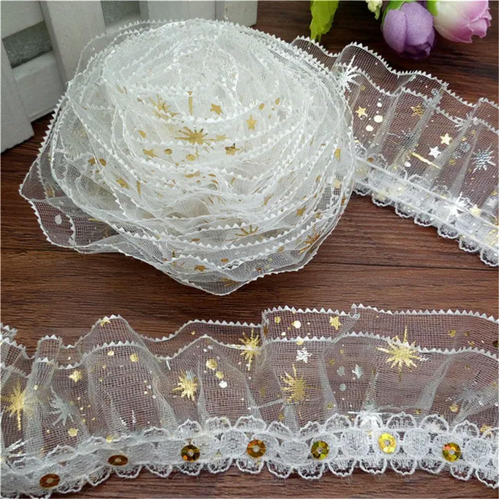 LUAND 1/3/ 5yards 3-Layer Golden Silver Flower stars Lace Gathered Pleated sequined Trim DIY