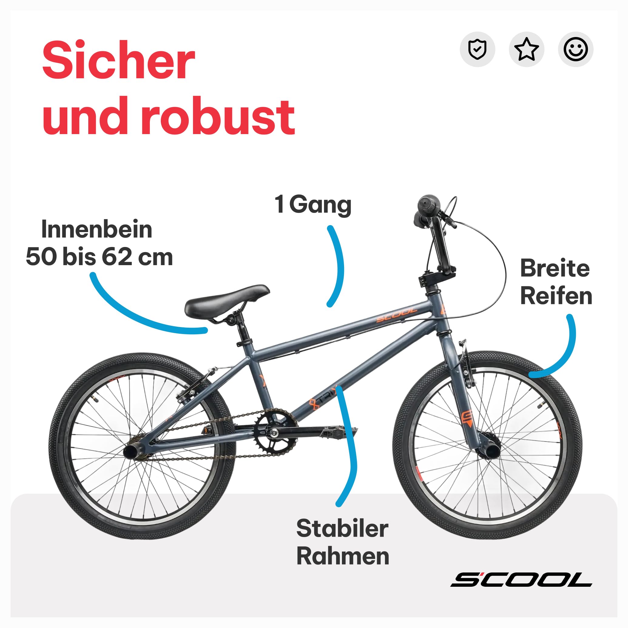 S’COOL Kinderfahrrad 20 Zoll, Kinder BMX Fahrrad – BMX für Kinder ab 6 Jahren – Körpergröße ab ca. 120 cm – Freestyle & Stunt Bike – 1-Gang XtriX BMX
