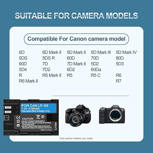 Miniatura 3 de Paquete de 2 baterías de alta capacidad LP-E6LP-E6NLP-E6NH de 2750 mAh para Canon EOS R Series (R,R5,R5 Mark II,R5C,R6,R6II,R7), Serie 5D