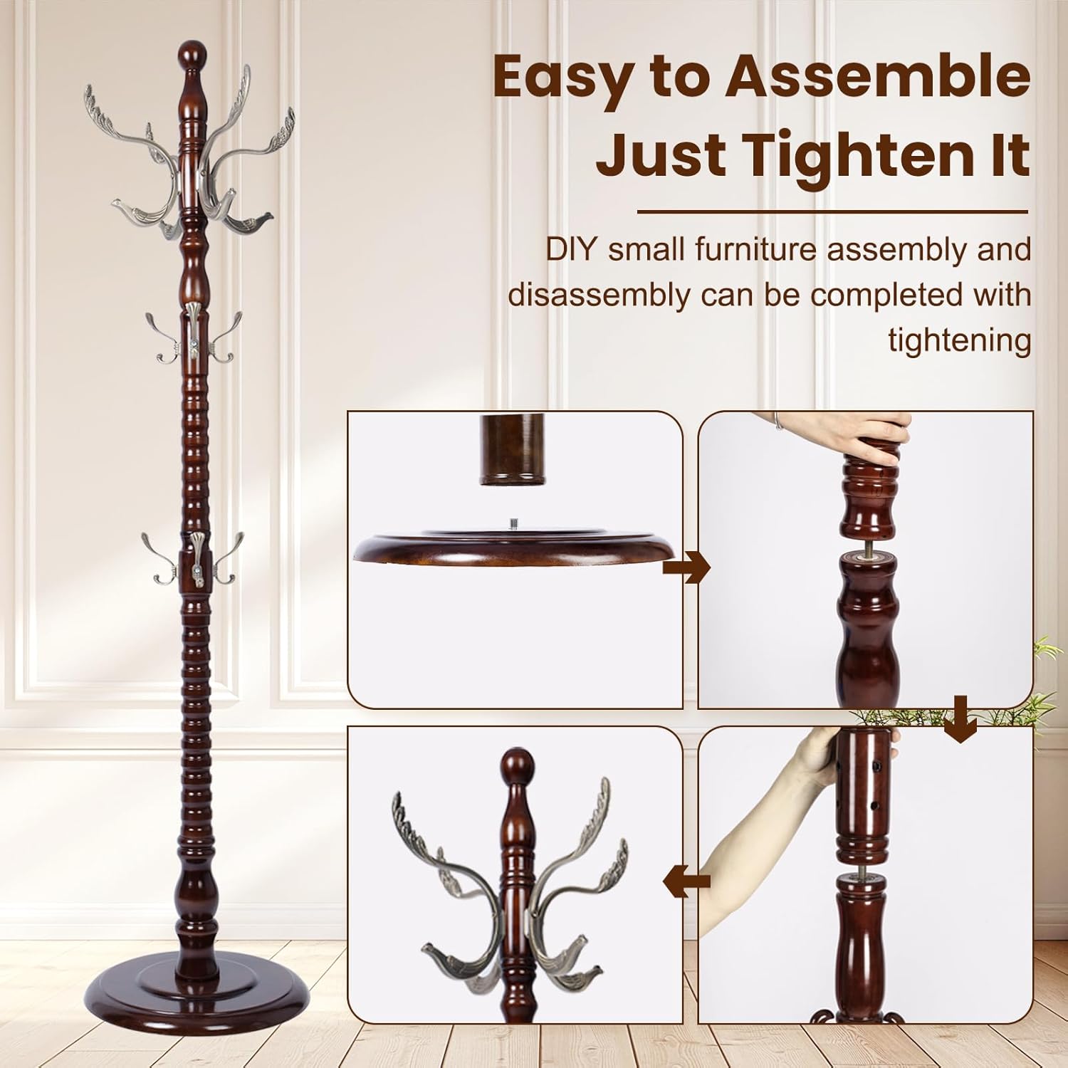 Freestanding Coat Rack with 14 Hooks, Sturdy Wooden Hall Tree for Entryway, Heavy-Duty Disc Base,for Hanging Hats, Jackets, Bags, Easy Assembly for Bedroom, Hallway, Office