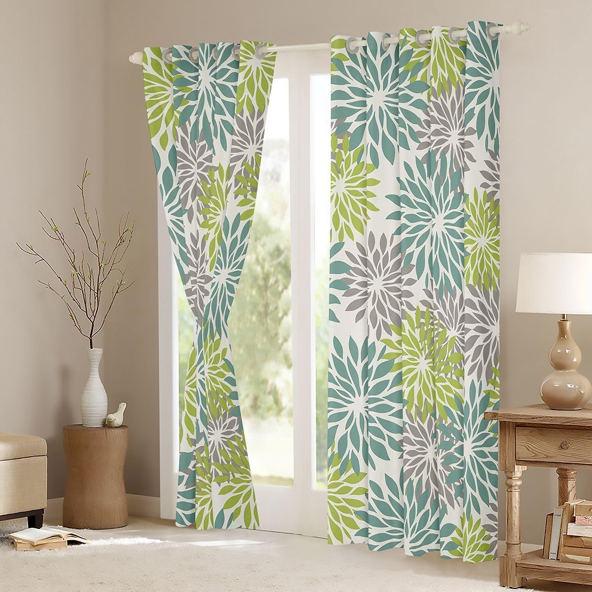 Abstract Floral Bedroom Curtains Modern Art Decorative Bookshelf Window Drapes for Kids Exotic Bohemian Blackout Drapes Window Treatments Grommet Top 52Wx90L Inch 2 Panel Set,Grey Green Blue