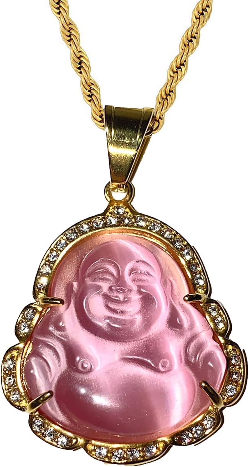 Laughing Buddha Pink Jade Pendant – Iced Diamond Necklace with Rope Chain, 14k Gold Plated, Certified Grade A Jadeite Spiritual Healing Jewelry