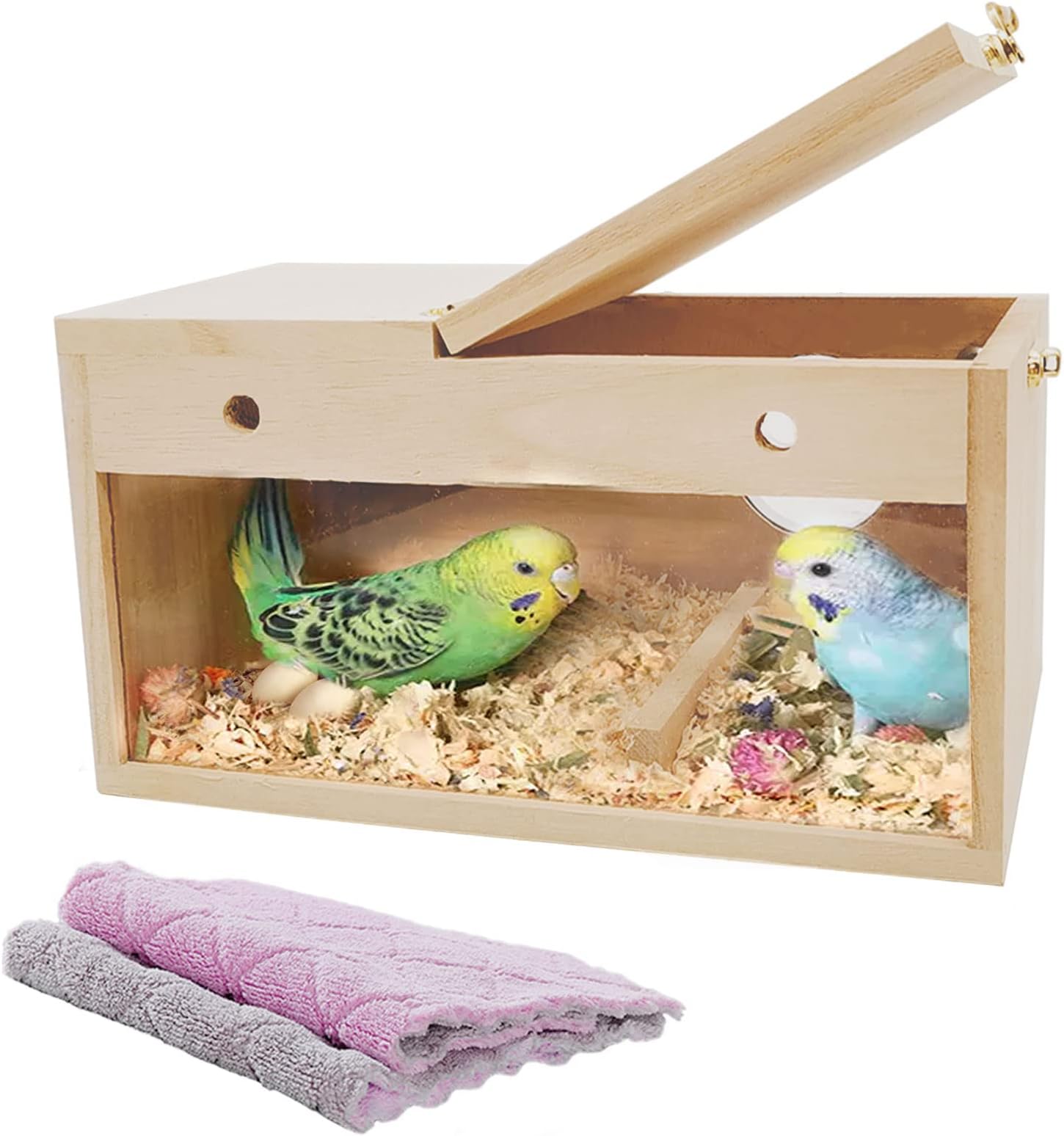 kathson Transparent Parakeet Nesting Box Parakeet Breeding Box Bird Nest with Perch Wooden Acrylic Bird House for Cage Nest for Parrot Lovebirds Cockatiel Conure Budgie and Other Small Birds(M)