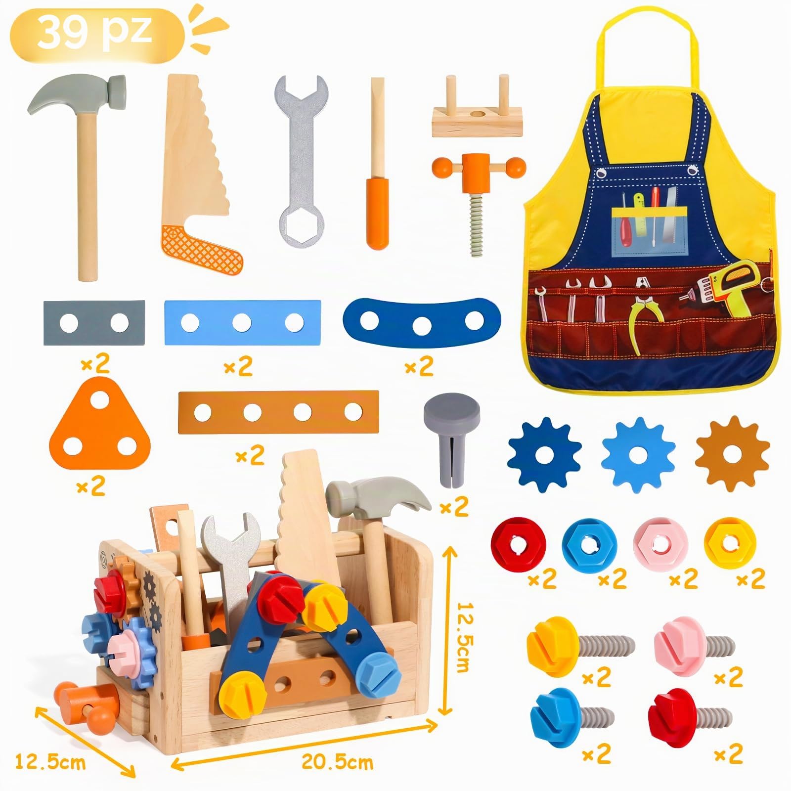 Cassetta Attrezzi Bambini, Banco da Lavoro per Bambino, Giochi Legno Costruzioni per Bambini con Grembiule, Giochi Bambina Bimbo Educativi Regalo Bimbo 2 3 4 Anni, 39 Pezzi Attrezzi Giocattolo Bambino