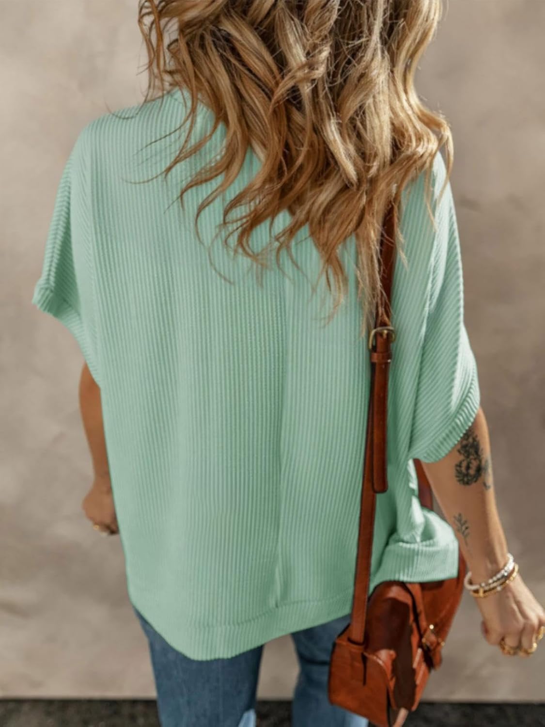 Batwing Tops for Women Half Sleeve Loose Fit Tunic Tops Ribbed Knit Oversized Dolman Sleeve T Shirts - Image 5