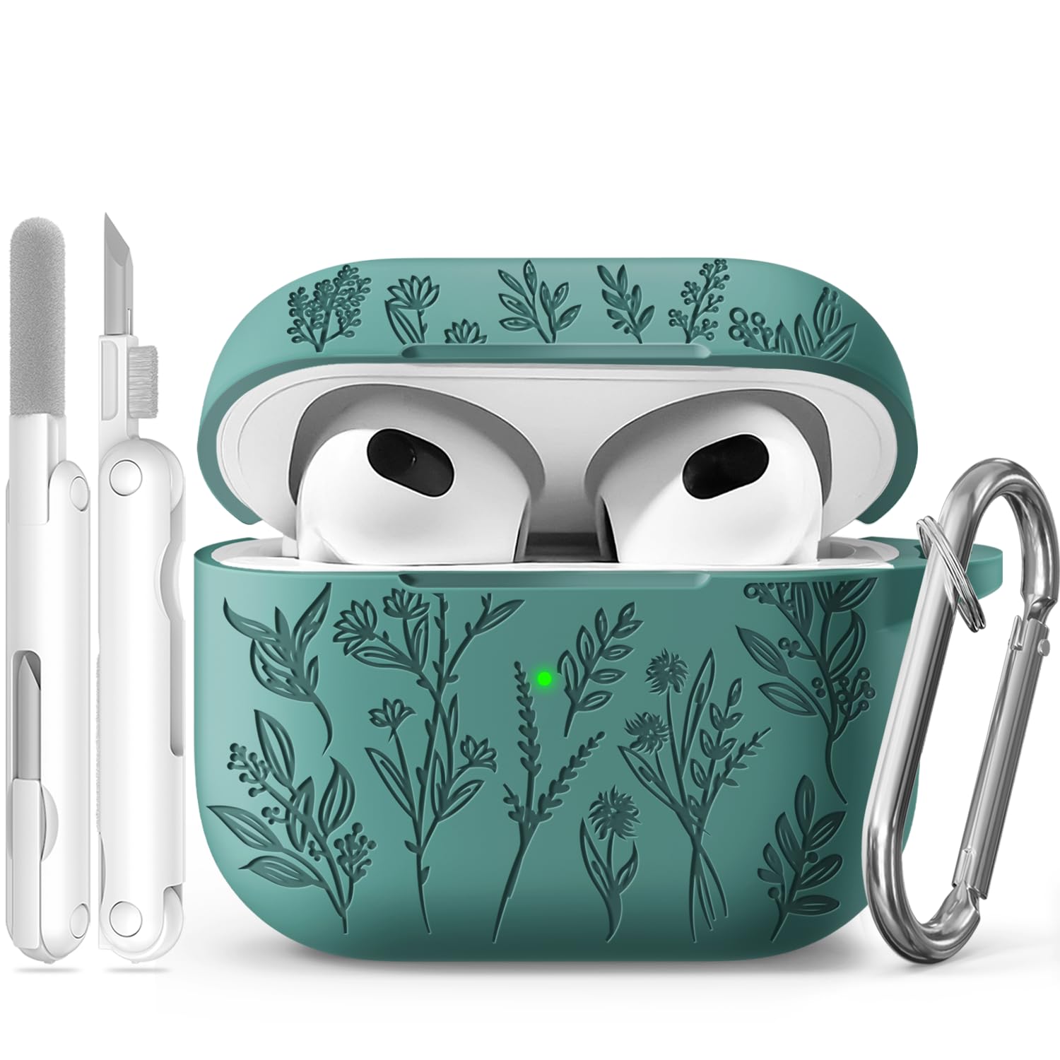 for Airpods 3rd Generation Case with Cleaning Kit, Ekoonpft Flower Engraved Cases Compatible with Airpod Case 3rd Generation, Soft Silicone Case Cover with Keychain for Women, Front LED Visible