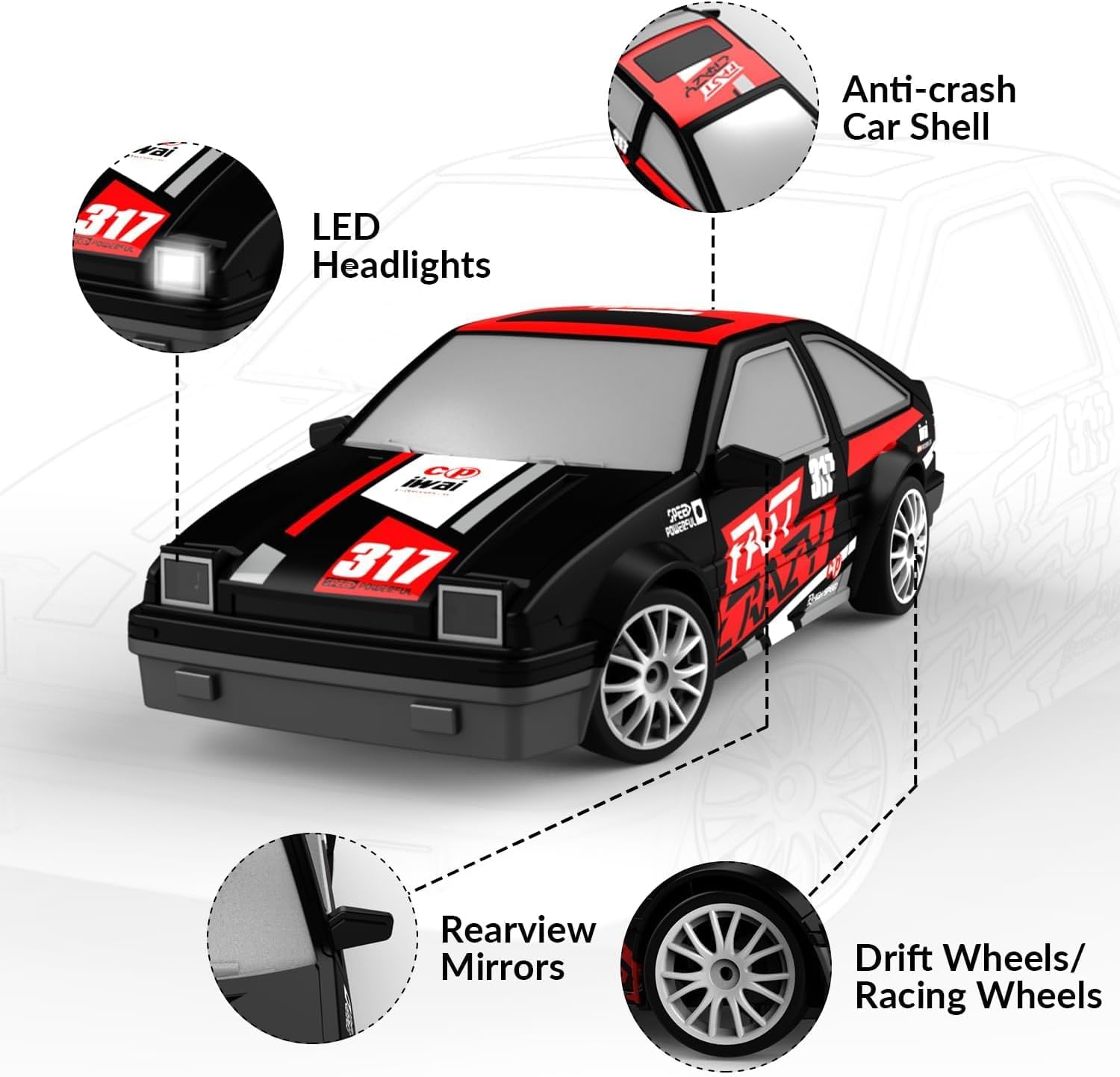 RACENT 1:24 Mini RC Drift Car, 10MPH 4WD Remote Control Car with LED Light, Racing and Drifting Wheels, 2 Rechargeable Batteries, Perfect Toy for Boys, Girls, Kids (Black)