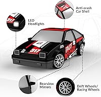Vista 7 de RACENT Mini auto de deriva RC 1:24, auto de control remoto 4WD de 10 MPH con luz LED, ruedas de carreras y deriva, 2 baterías recargables, juguete