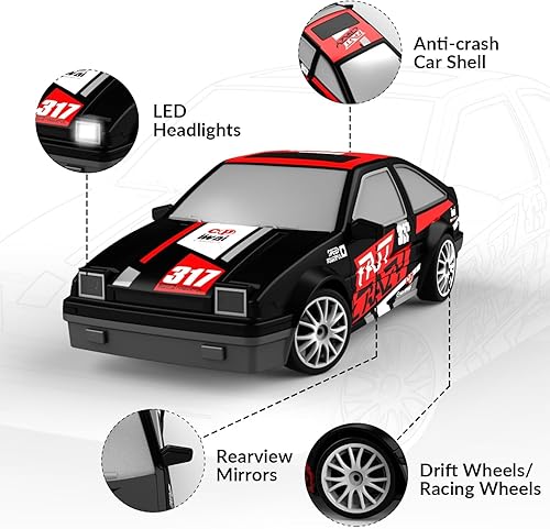 Miniatura 7 de RACENT Mini auto de deriva RC 124, auto de control remoto 4WD de 10 MPH con luz LED, ruedas de carreras y deriva, 2 baterías recargables, juguete