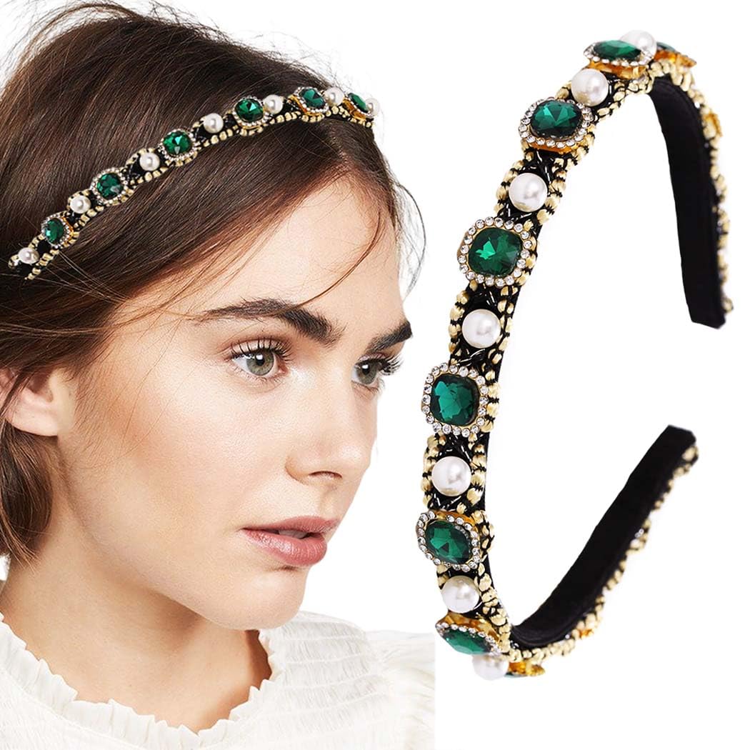 Amazon.com : Firuilo Emerald Headband Pearl Rhinestones  display picture 1