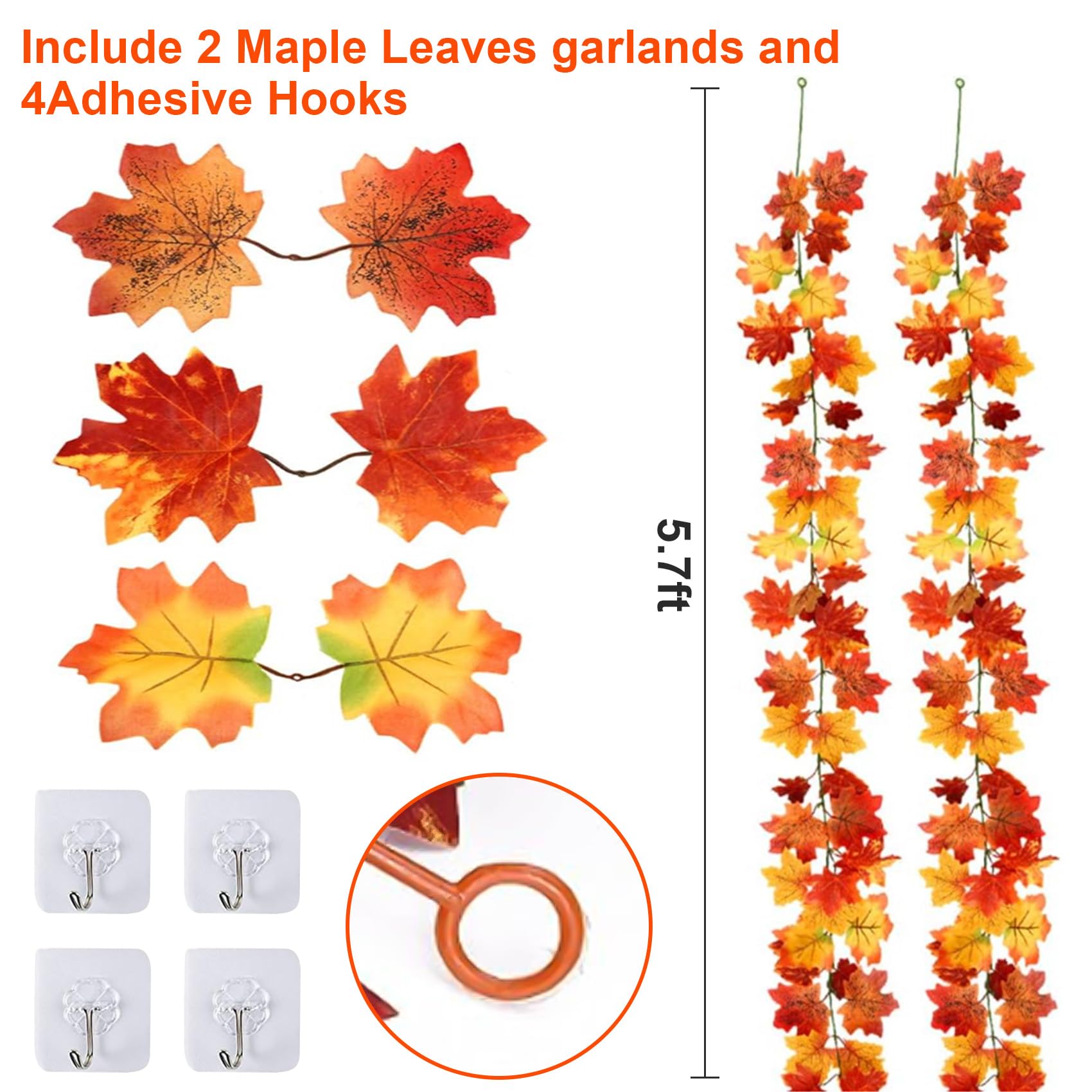 Guirlande De Feuilles D'Érable Artificielle Automne - 175 Cm, Pour Décoration Thanksgiving, Halloween, Cheminée
