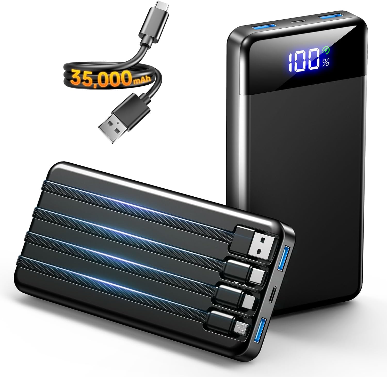Portable Charger 35000mAh Power Bank - Powerbank with 4 Built in Cables, 22.5W Fast Charging Travel Camping Essential Battery Pack Compatible with iPhone 17 16 15 14 13 Samsung Google, 1 Pack