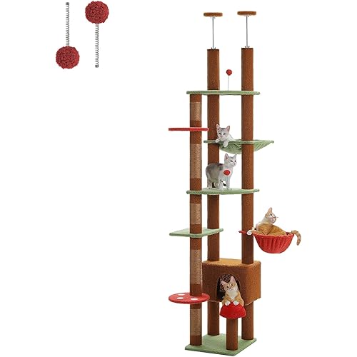 PETEPELA Floor to Ceiling Cat Tree, Adjustable 90.5''-100.4'' Cat Tower Mushroom Climbing Tree with Scratching Posts, Spacious Condo and Large Hammock for Indoor Cats Large Adult, Brown