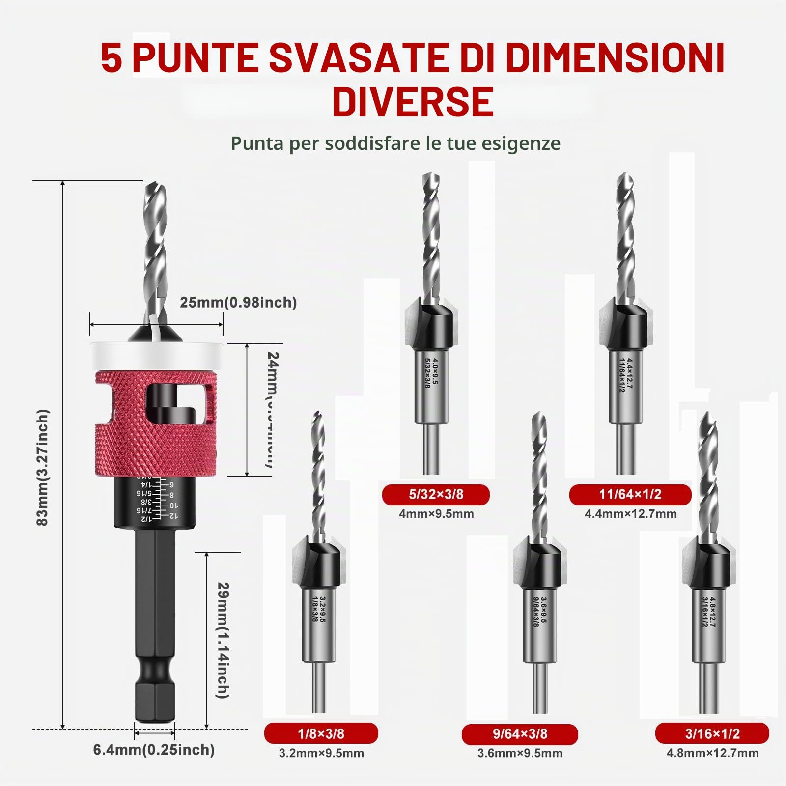 Set di 5 punte per trapano a svasatura per legno, con attacco esagonale, in HSS-M2, fori precisi, per officina, lavorazione del legno