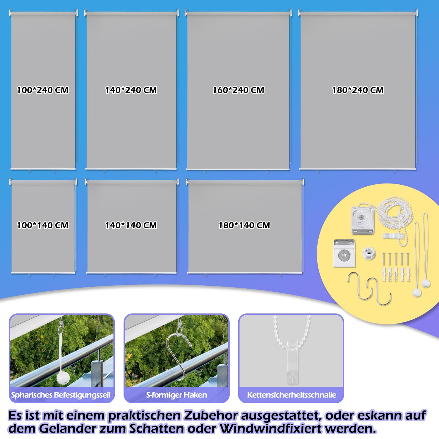 Ikodm Toldo Vertical de 140 x 240 cm, protección Solar, protección contra el Viento, Estor Lateral, sombreado, Resistente a la Intemperie, para Balcones, terraza, Gris Claro