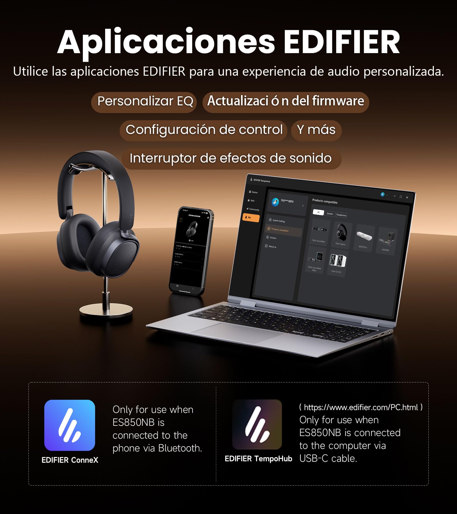 Edifier ES850NB Auriculares Inalámbricos con Cancelación de Ruido, LDAC, Audio Alta Resolución, Bluetooth 5.4, Multipunto, Control Táctil, hasta 92H Reproducción - marrón