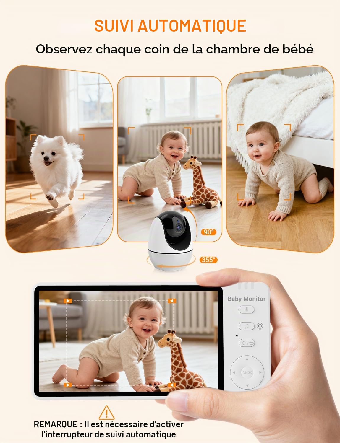 BURNNOVE Babyphone Camera WiFi 5" Camera Bebe 720P Babyphone Connecté Application Telephone Surveillance des Mouvements Suivi Automatique Vision Nocturne 360° Caméra avec Veilleuse Zoom 4X Carte TF