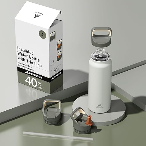 Miniatura 8 de Botella de agua aislada de 40 onzas para pesca: 3 tapas, a prueba de fugas, mantiene el hielo 24H y caliente 12H, de doble pared, gran botella de