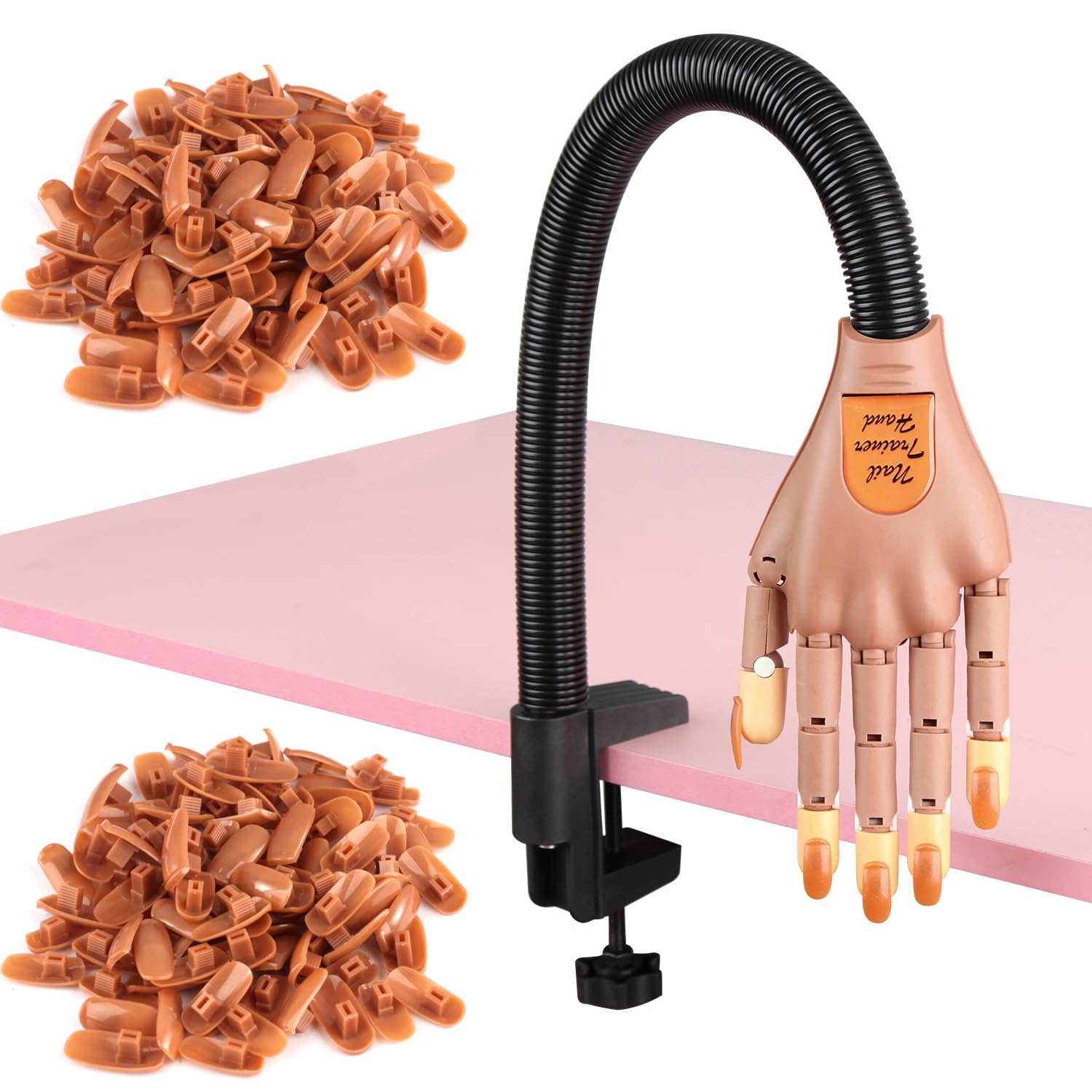 Acrylic Nails Practice Fake Hand & Nail Arm Res Bundle, BORNBYME Nail Training Adjustable Finger Kits Update PU Leather Hand Nail Stand Rest for Manicure