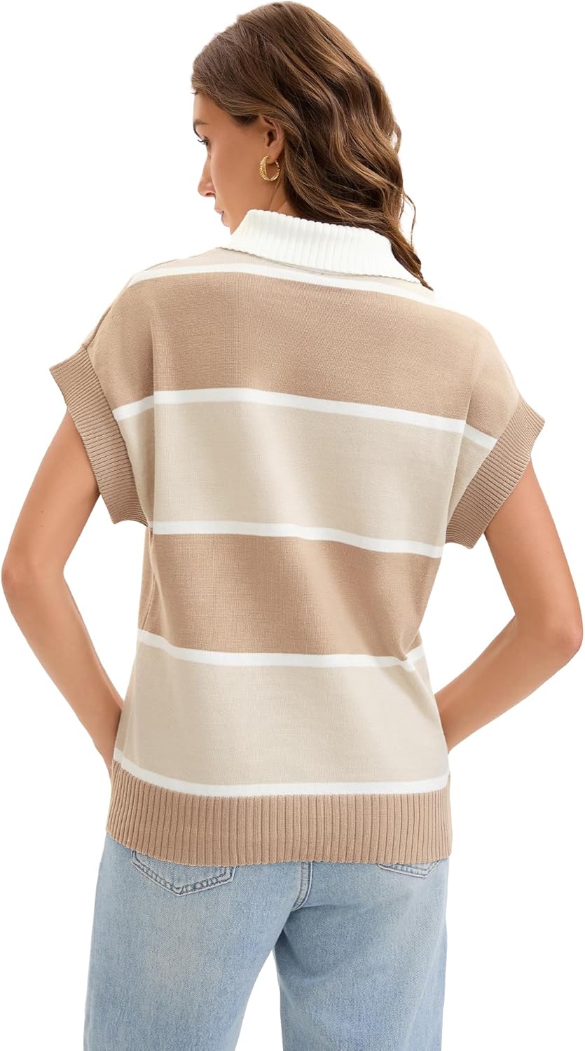 Womens Striped Short Sleeve Sweater Button Down Polo Pullover Tops Loose Color Block Knit Tops Fall Sweater Vest - Image 4