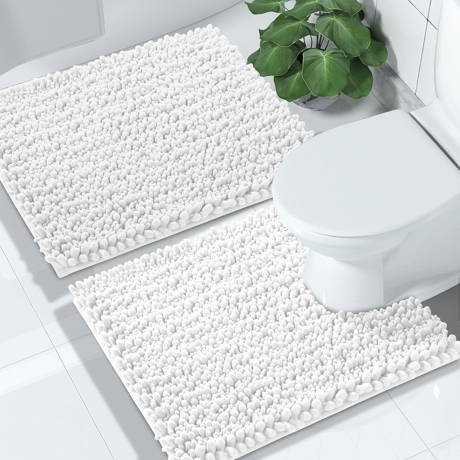 Yimobra Bathroom Mat, 43x61 + 61x51 cm, Soft and Cozy, Super Absorbent Water, Non-Slip, Machine-Washable, Thick Modern for Bathroom Bedroom, White
