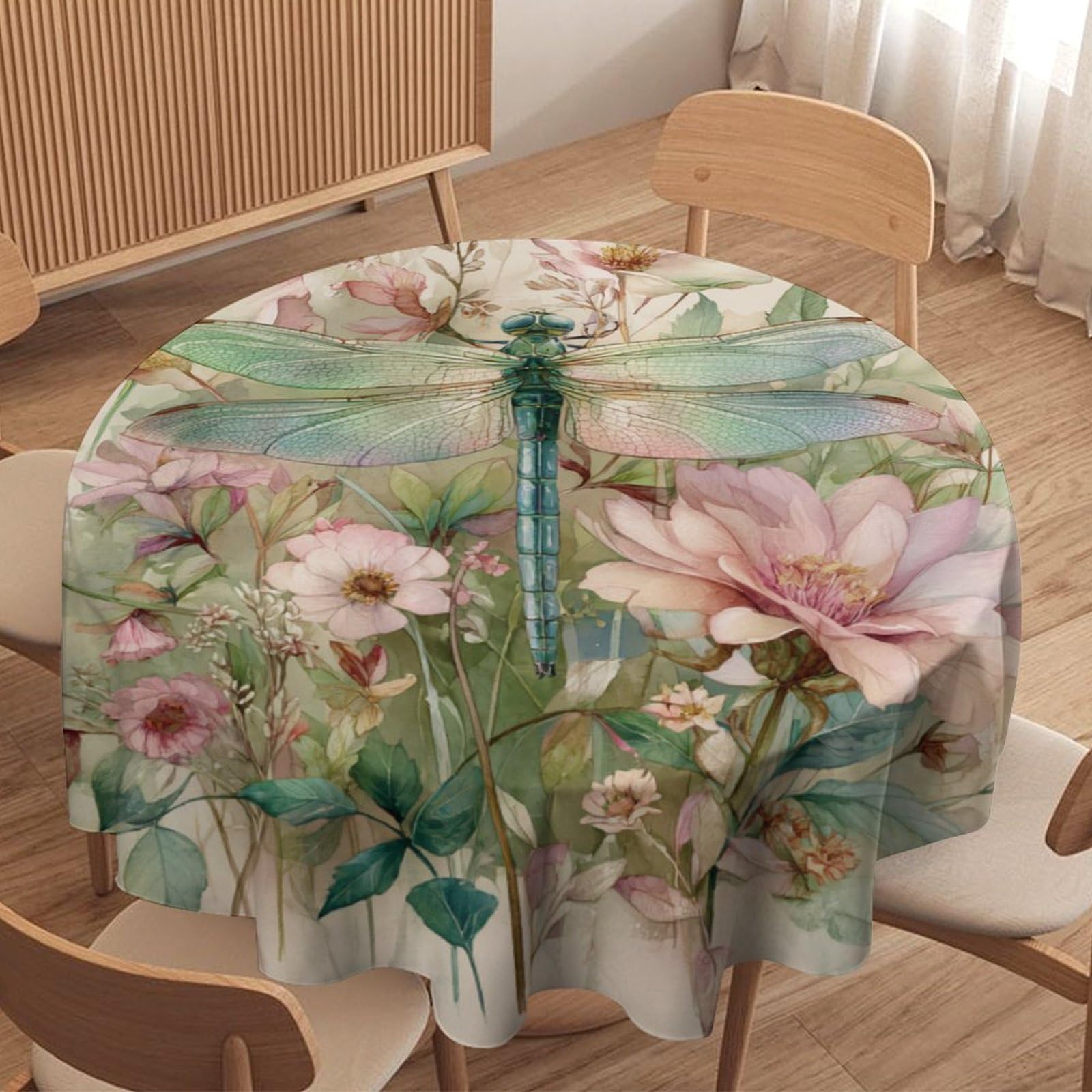 LUYYSKY Beautiful Fantasy Animal Dragonfly Round Tablecloth Classic Oil Painting Spring Garden Plant Floral Dragonflies Pattern Washable Decor for Table Cover for Kitchen-152.4" Wx152.4 L cm