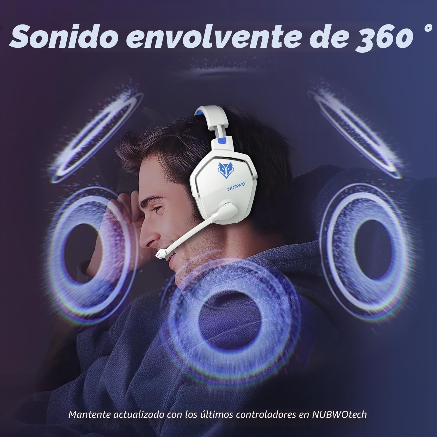 NUBWO G06 Cascos Gaming Inalámbricos con Drivers de 50 mm para PC/Ps5/Ps4/NS,Auriculares Gaming Inalámbricos con 2.4 GHz+Bluetooth 5.3 Modo Dual,7.1 Sonido Envolvente,Duración 100Hr+ - Blanco/Azules