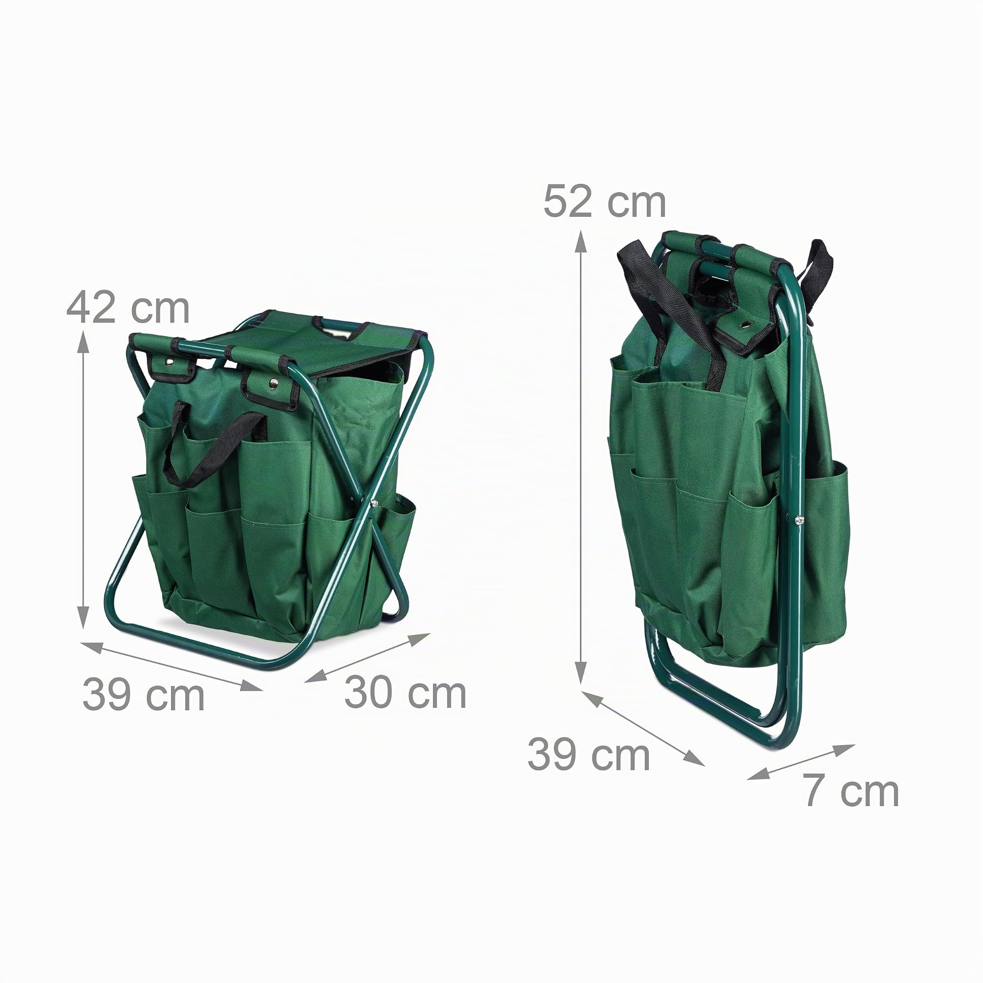 Relaxdays 10020714 Tabouret porte-outils de jardinage 16 poches et compartiment intérieur pliable HxlxP: 42 x 30 x 39 cm, vert