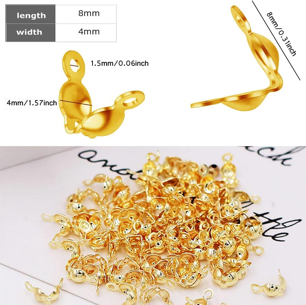1500 Pieces Beads Tips Knot Covers Clamshell Crimp Tips Beads Set Calotte Ends Knot Covers Fold-Over Bead Covers for Jewelry Making DIY Bracelet Necklaces(Gold) - Image 2