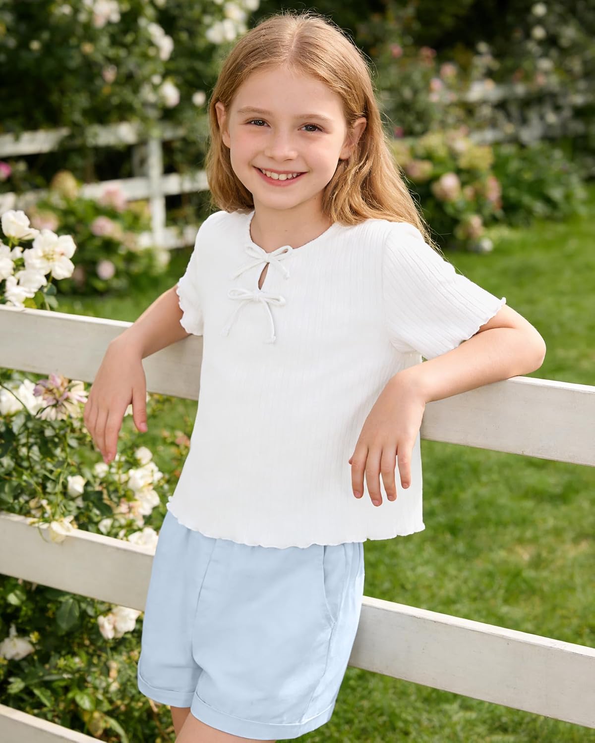 SANMIO Girls Summer 2 Piece Outfits 6-12 Years Cute Bows Ruffle Ribbed Short Sleeves Tops and Denim Shorts Clothing Sets