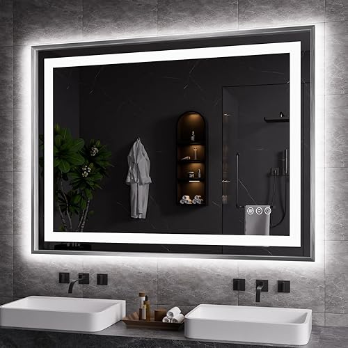 Miniatura 37 de Amorho Espejo de baño LED de 55 x 36 pulgadas, marco negro, luz frontal y retroiluminada, regulable continuamente, antivaho, a prueba de roturas,
