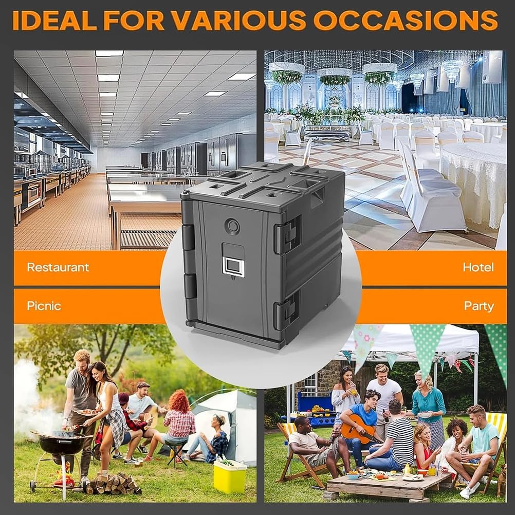 Caja de poliestireno de 90 l, porta alimentos aislante, con asas y ruedas integradas, calentador de alimentos de carga frontal, para transporte de alimentos en camping y picnics, color negro