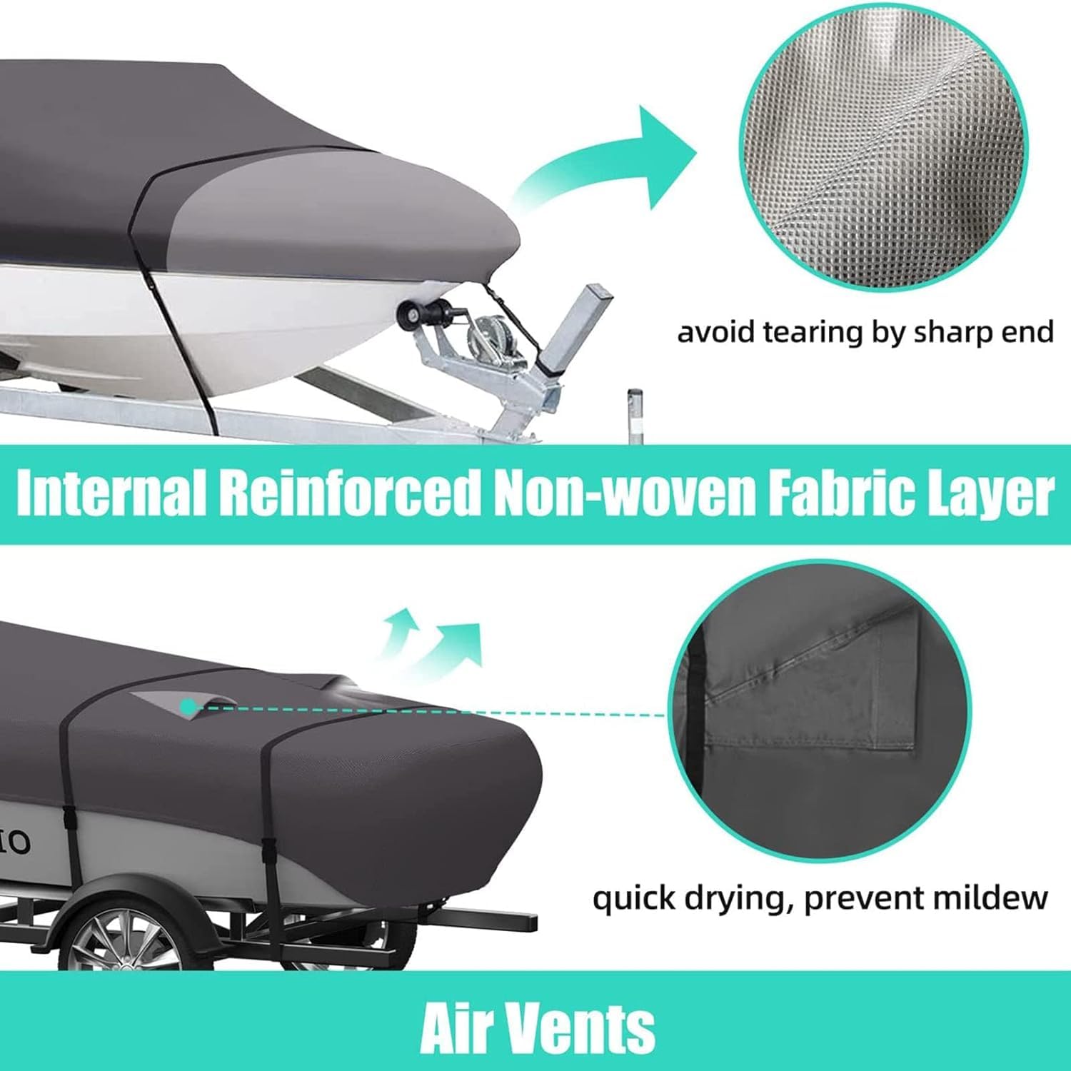 Telo copribarca, Tenda da Esterno, trasportabile, Resistente al Sole, 600D, di qualità Marina, Compatibile con Bass Boat Bayliner Tri-Hull V-Hull (Grigio)