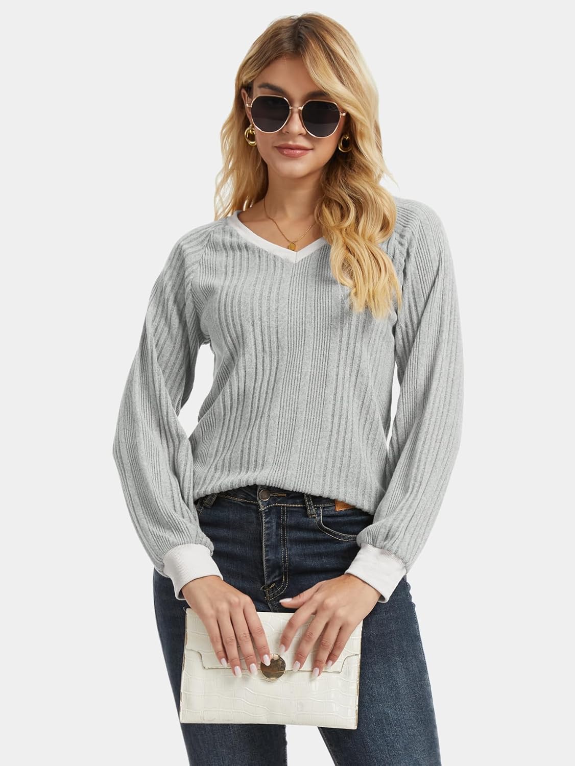 long sleeve sweaters for women V Neck Color Block Fall Winter Sweaters Lightweight Trendy Tunic - Image 7
