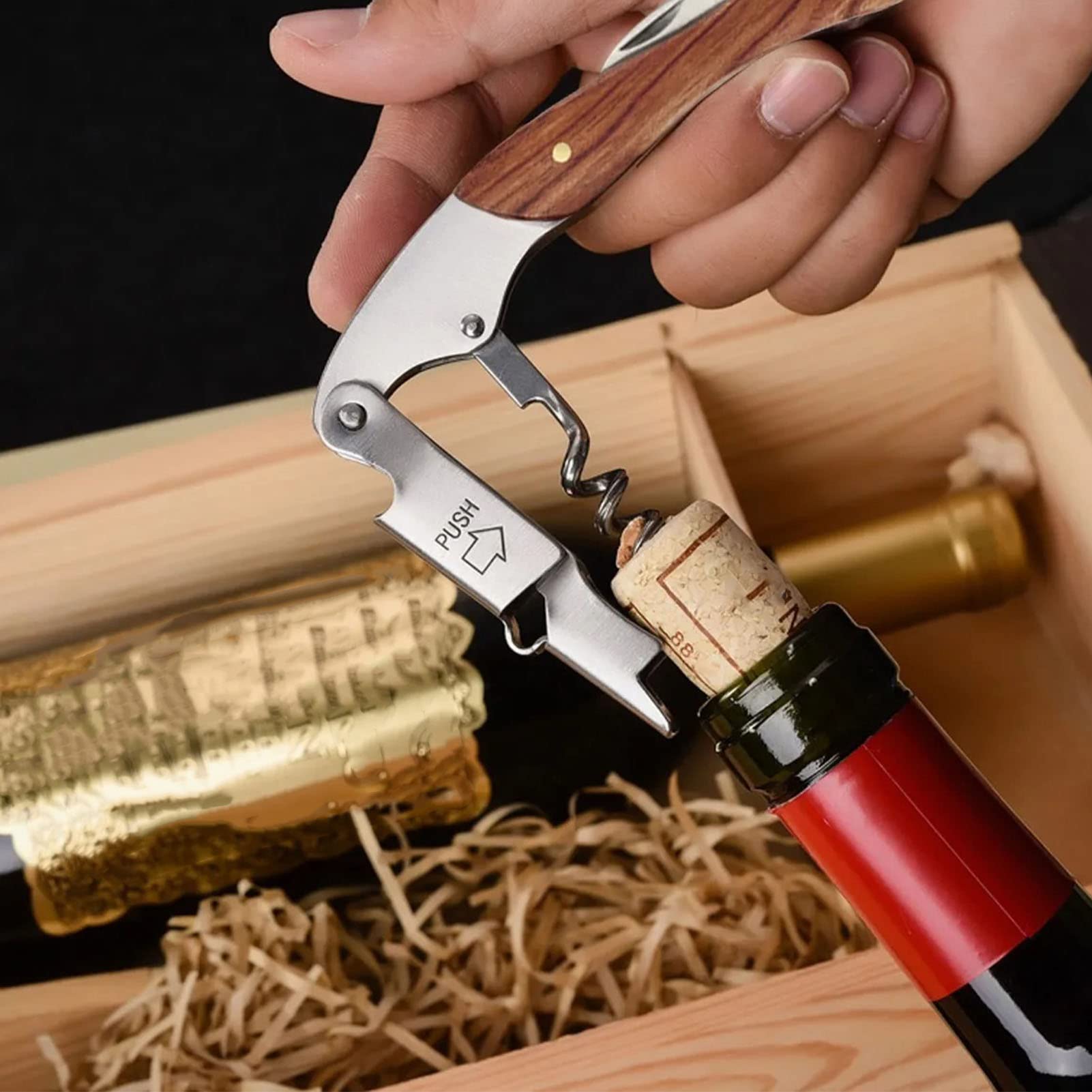 Apribottiglie, Cavatappi per Camerieri Professionali 5 Cerchi Apribottiglie per Vino, Chiave per Vino in Acciaio Inossidabile Apribottiglie Portatile con Manico in Legno con