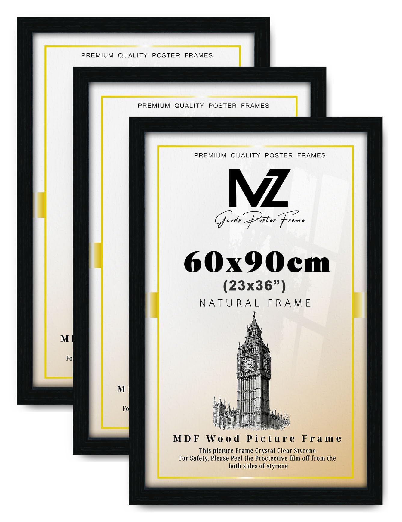 Mz Goods Black Epic Collection Pack Of 3 60X90cm Poster Frame- Engineered Wood With Strong & Clear Perspex - Horizontal And Vertical Formats– For Print/Photo/Wall Gallery [ Picture Frame]