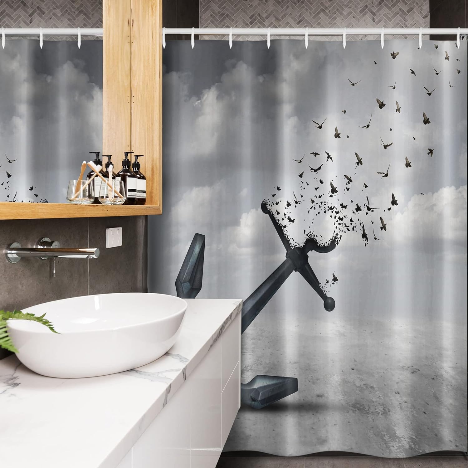 Ambesonne Birds Stall Shower Curtain, Anchor Turns into Group of Flying Birds Seagulls for Liberty and Hope Mood Graphic Art, Fabric Bathroom Decor Set with Hooks, 54" W x 78" L, Grey