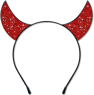 Glitter Devil Horns Headband, Red Devil Horns Devil Costume for Women Men Girls, Halloween Fancy Dress Cosplay Hairband (Rhinestone-Red)