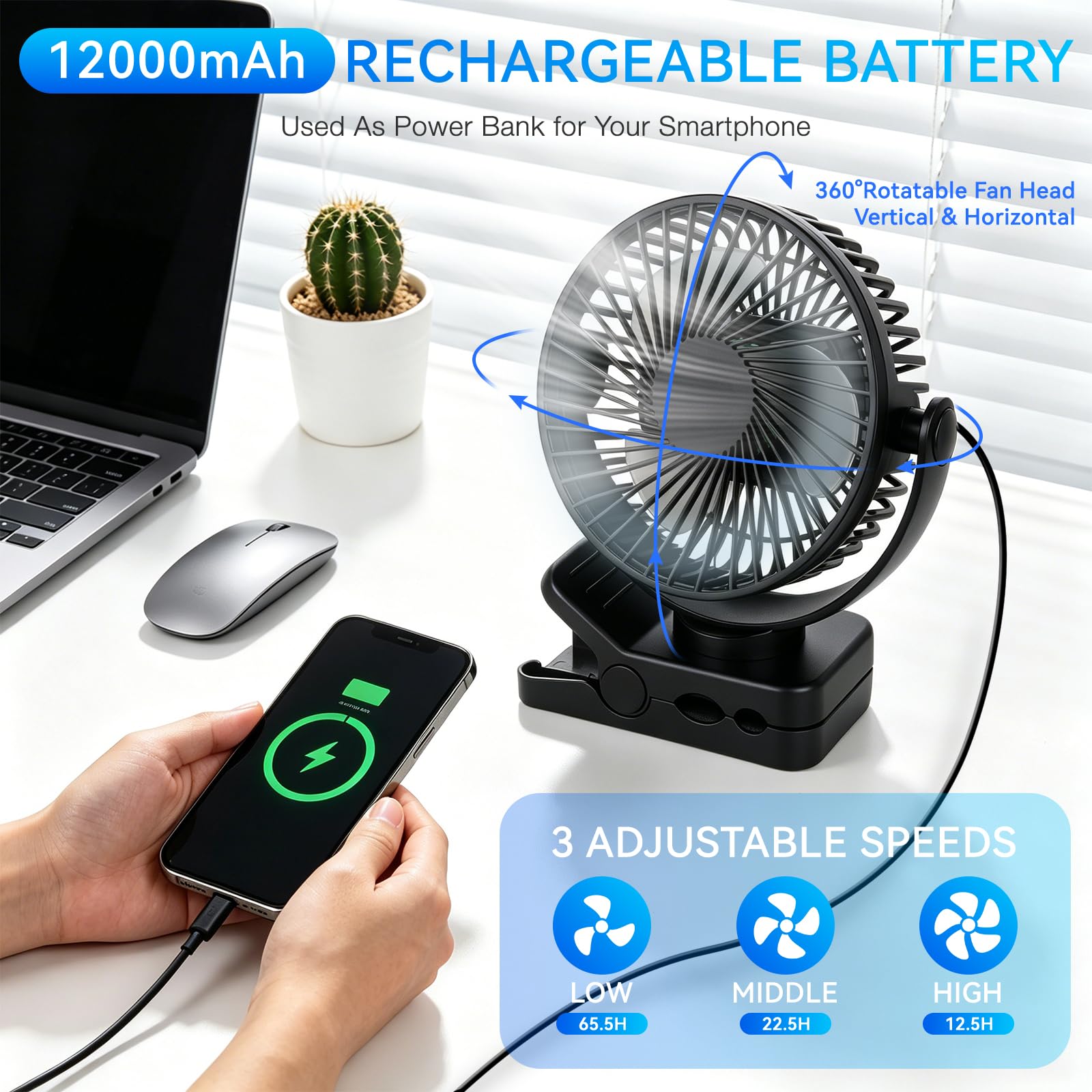 Mini wentylator USB obrotowy 360°, 3 prędkości, 12000 mAh, przenośny, ładowany przez USB, z oświetleniem LED, do namiotu, samochodu, kampera