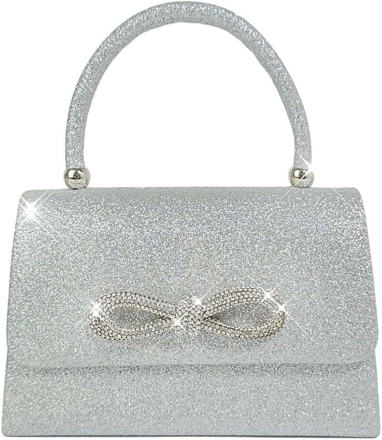 WOMGKDA Womens Glitter Rhinestone Evening Bag Sparkly Bow Clutch Purse Wedding Party Prom Cocktail Handbags, Silver