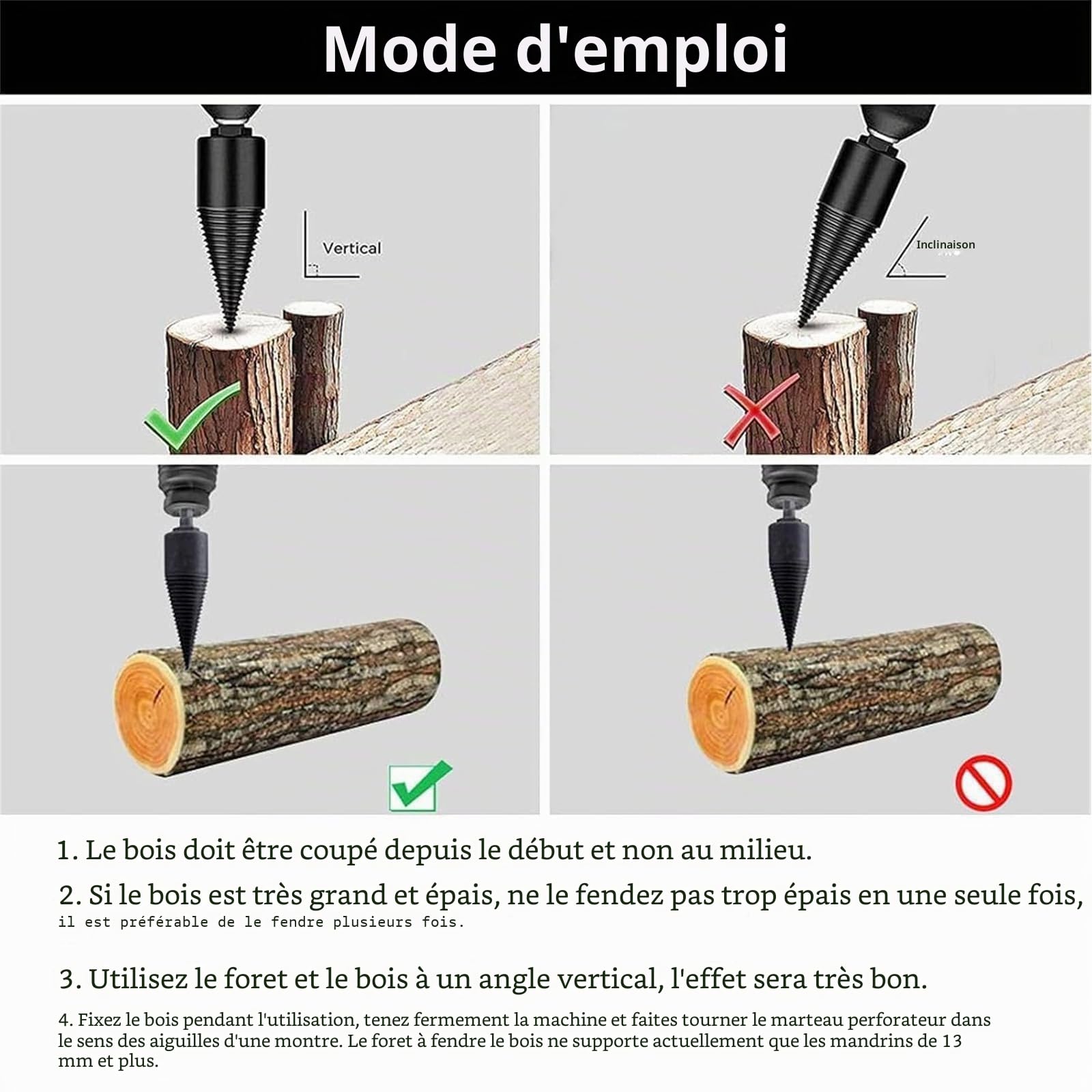 Kiméo Foret Fendeur de Bûches 3 en 1 – Cône Fendeur Bois Universel, Foret de Fendage de Bois ou de Bûches 32/42/50 mm, Cône de Forage avec 4 Poignées (32+42+50mm)